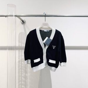 🚩steal Authentic Prada Black Knit Kids Cardigan with White Trim